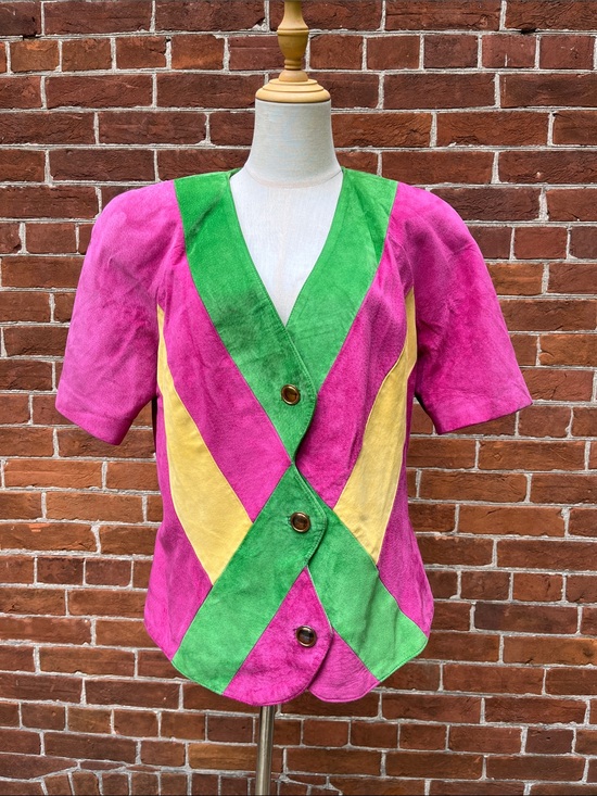 Danier Jackets & Blazers - Danier Pink Green Yellow Colourblock Suede V-Neck Button Front Jacket